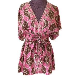 Plenty Tracy Reese Sz S Silk Kimono Swim Pink Brown Cover Up Top